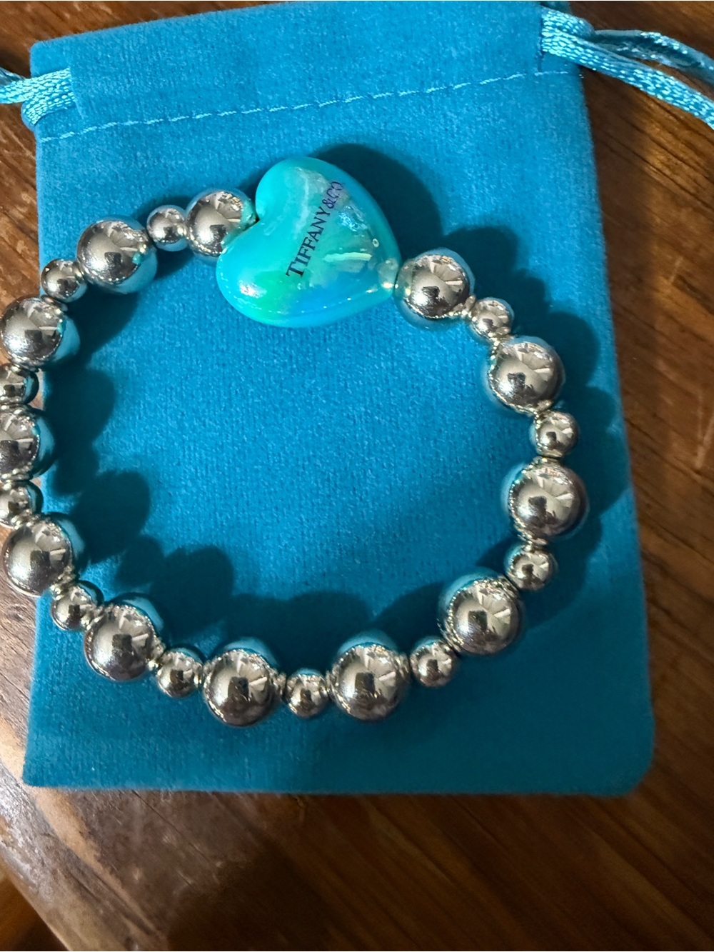 Tiffany & Co. Silver Bead Bracelet with Turquoise Heart Charm